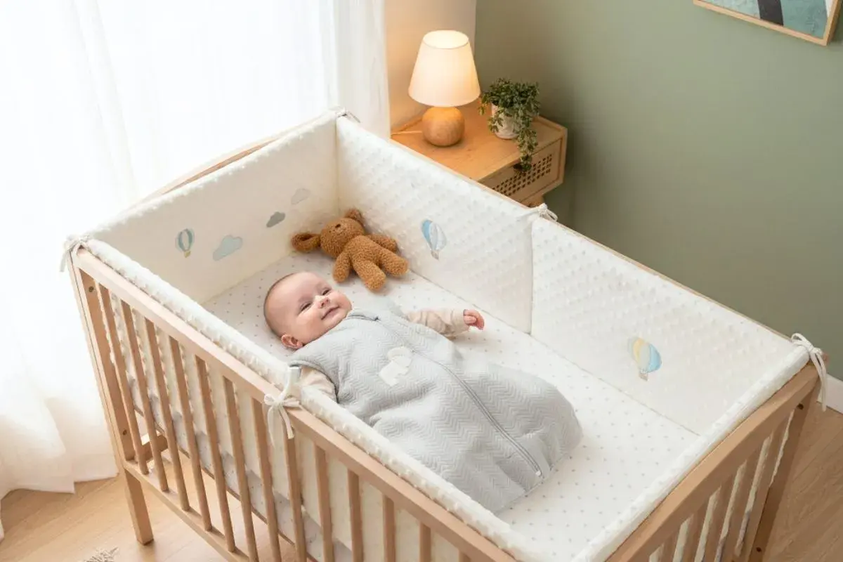 Un bébé souriant dans son lit, entouré d'un tour de lit orné de montgolfières. Un doudou ours est à ses côtés.