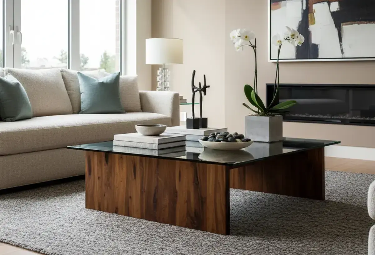 Une table basse en bois et verre, avec des livres, des galets et une orchidée, parfaite pour une inspiration déco moderne.