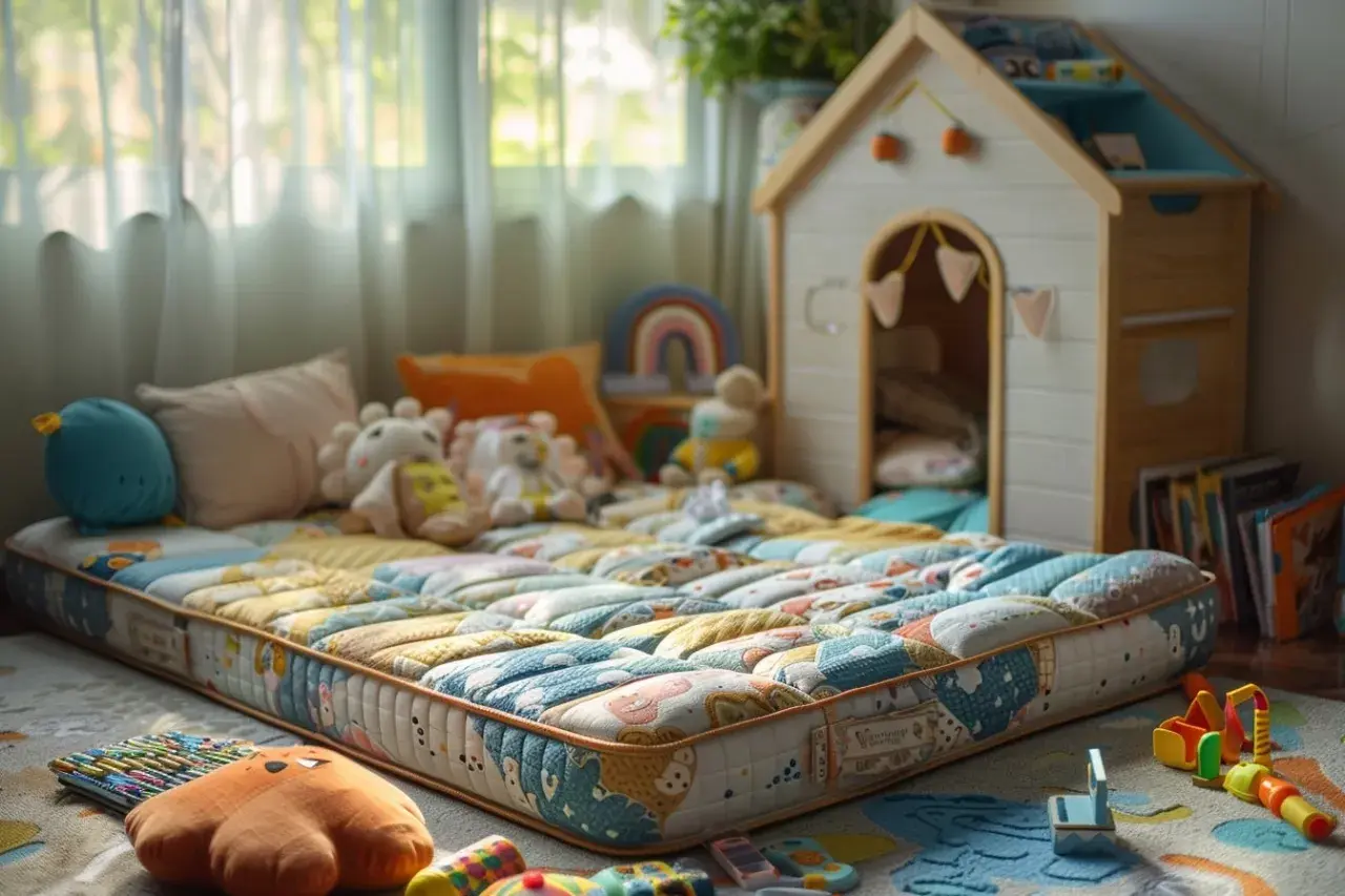 Un matelas au sol, entouré de jouets et de peluches, dans une chambre d'enfant. Idéal pour savoir quoi mettre sous un matelas au sol pour plus de confort.