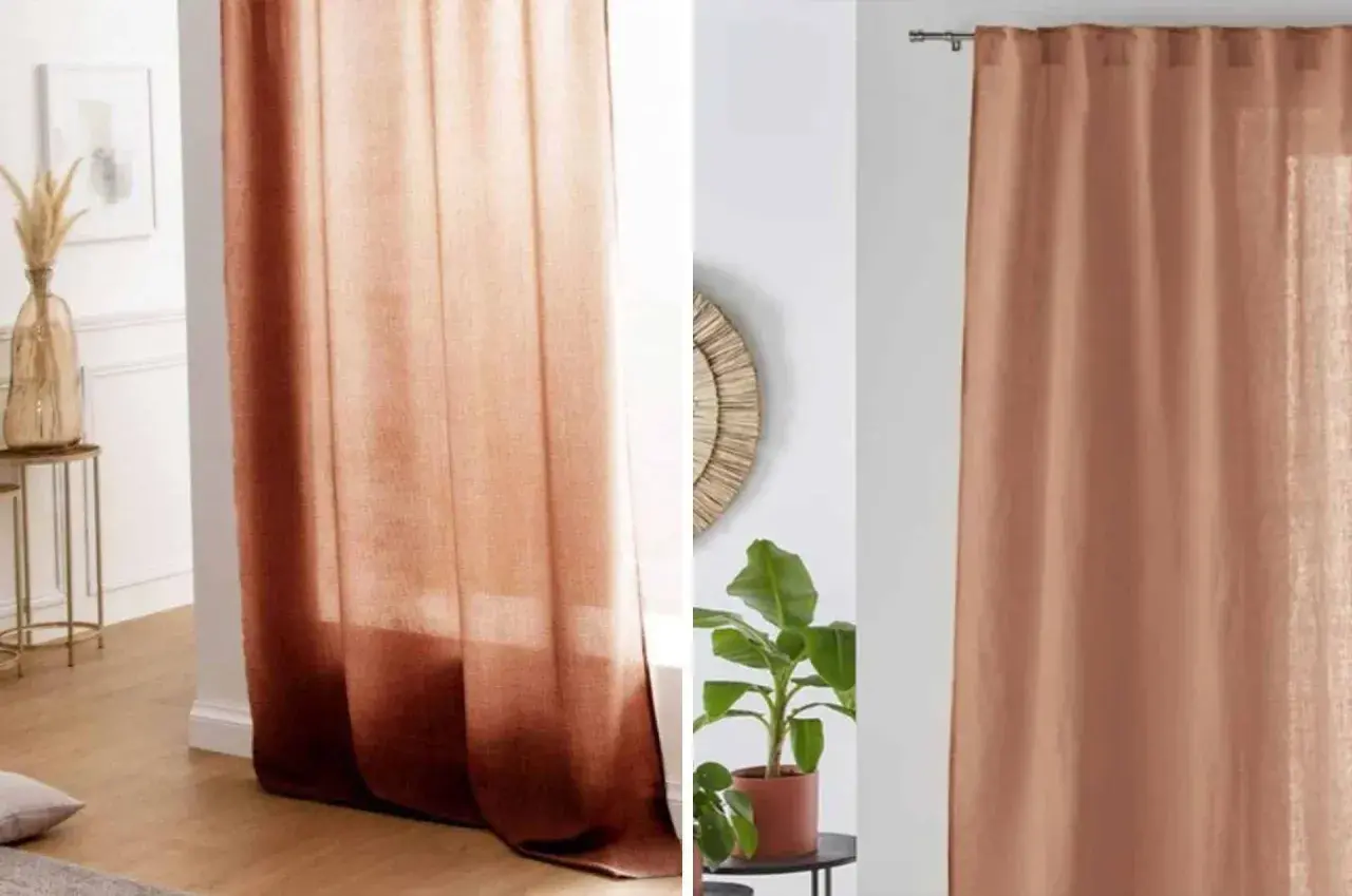 Quel rideau avec mur terracotta ! Un tissu léger aux dégradés chauds, apportant une touche naturelle et chaleureuse à l'espace.