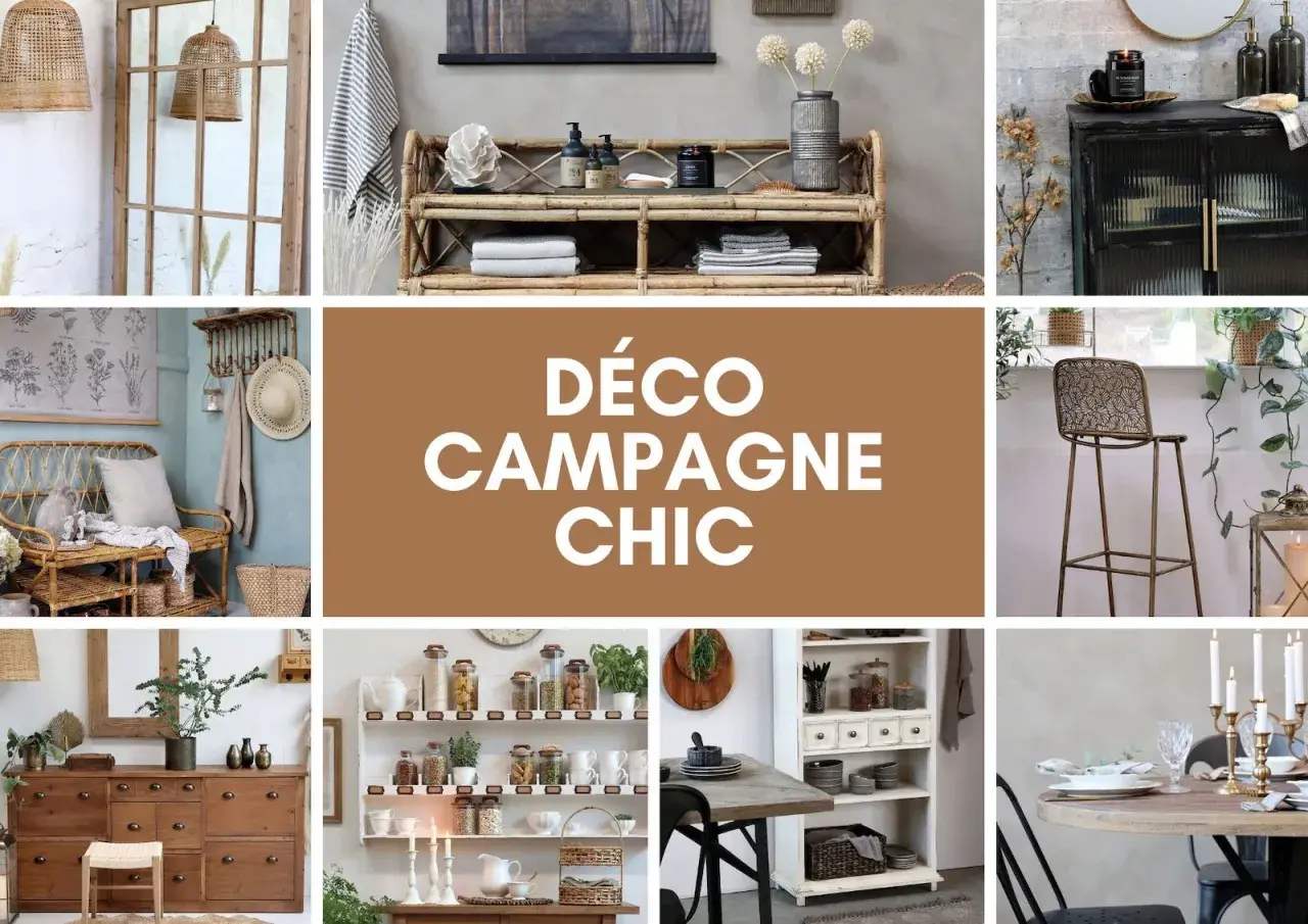 Ambiance **style rustique chic** avec des meubles en rotin, bois brut et métal. Décoration chaleureuse et naturelle.