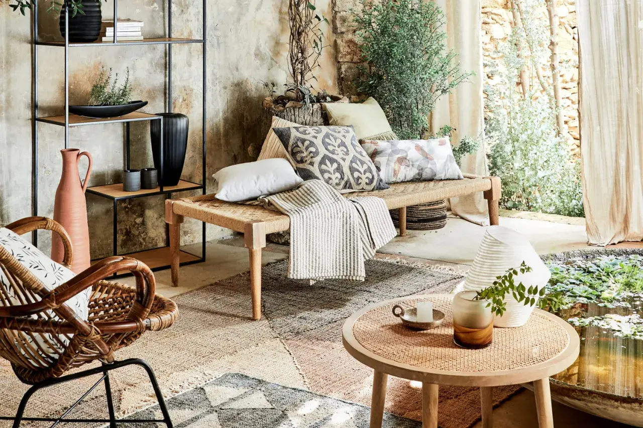 Un canapé moche en corde tressée, orné de coussins décoratifs, dans un salon bohème avec des plantes et une lumière douce.