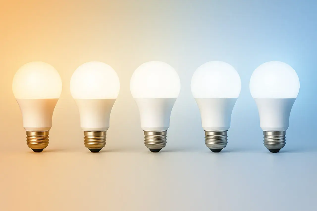Cinq ampoules LED, de gauche à droite, passant d'une lumière chaude à une lumière froide. Qu'est-ce qu'une lampe ? C'est ce qui éclaire nos vies.