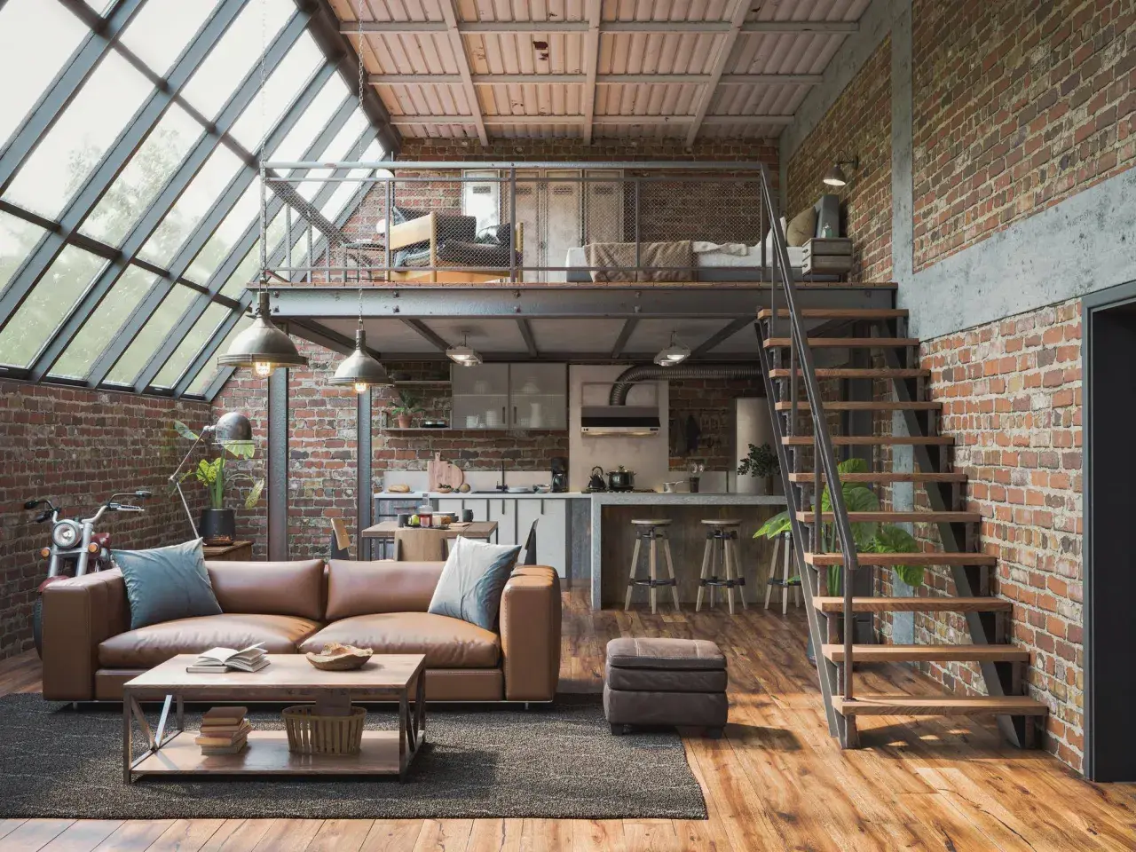 Un grand salon de style loft industriel avec des murs en briques apparentes, un canapé en cuir marron, une mezzanine avec un lit et une cuisine ouverte.
