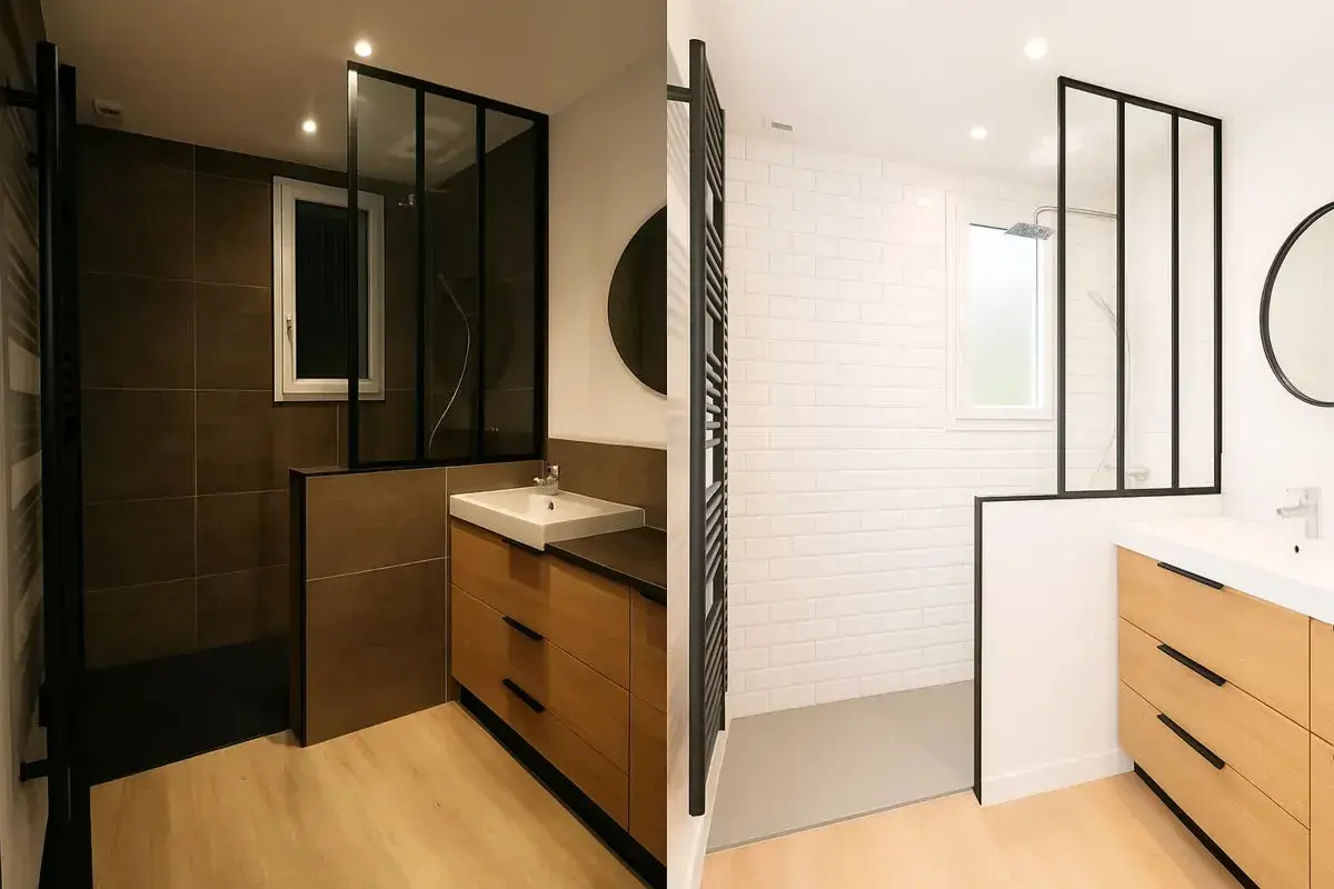 Salle de bain sombre avec douche à l'italienne, lavabo et meuble en bois. Le contraste entre les carreaux sombres et le blanc crée une ambiance moderne.