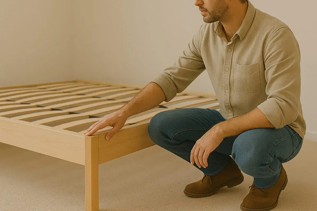 Un homme vérifie un grand lit en bois dans une petite chambre.