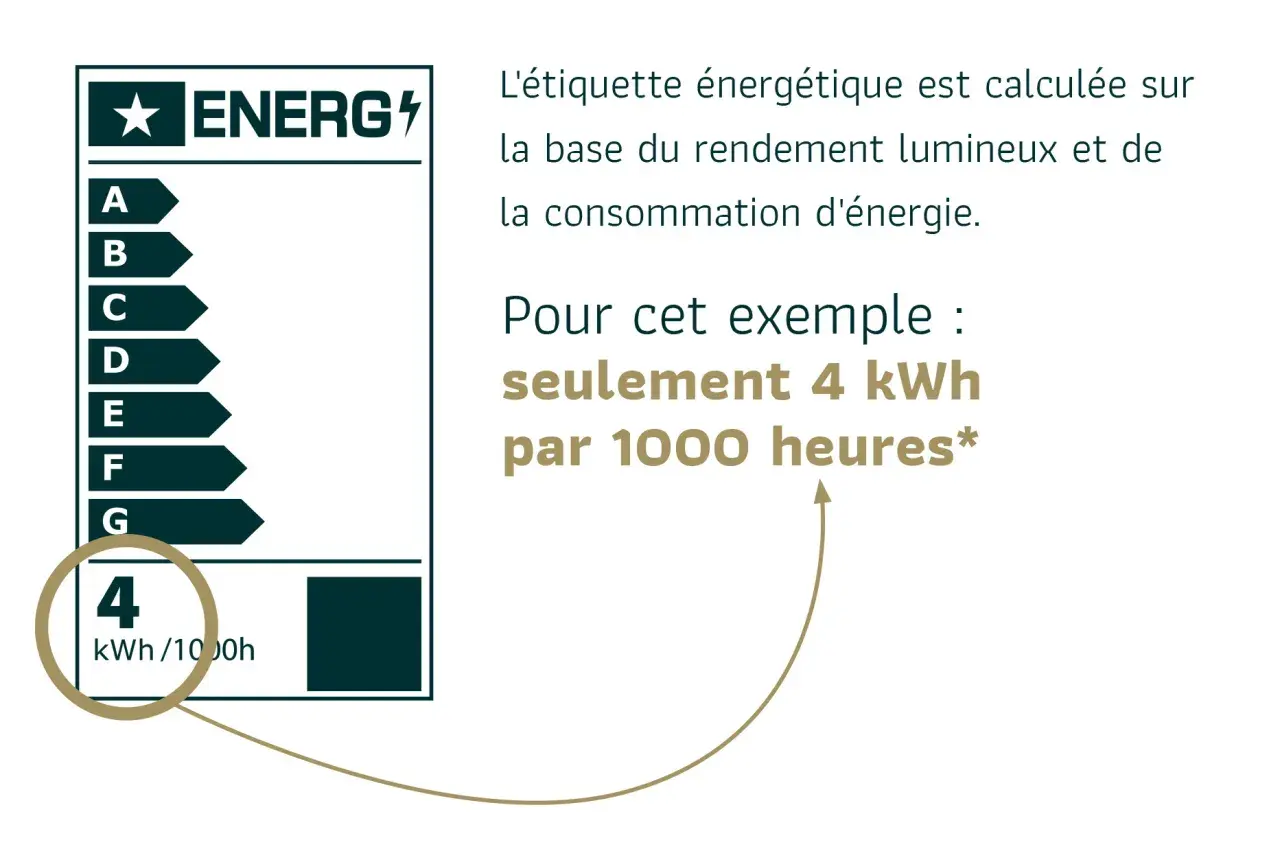 Étiquette énergétique d'un luminaire : 4 kWh/1000h. Ce symbole indique une faible consommation.