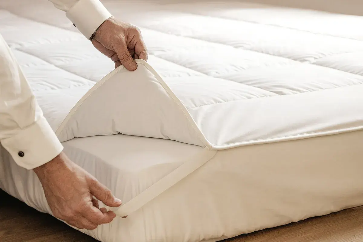 Un homme ajuste un surmatelas blanc sur un matelas. Il sert à améliorer le confort et la protection de votre literie.