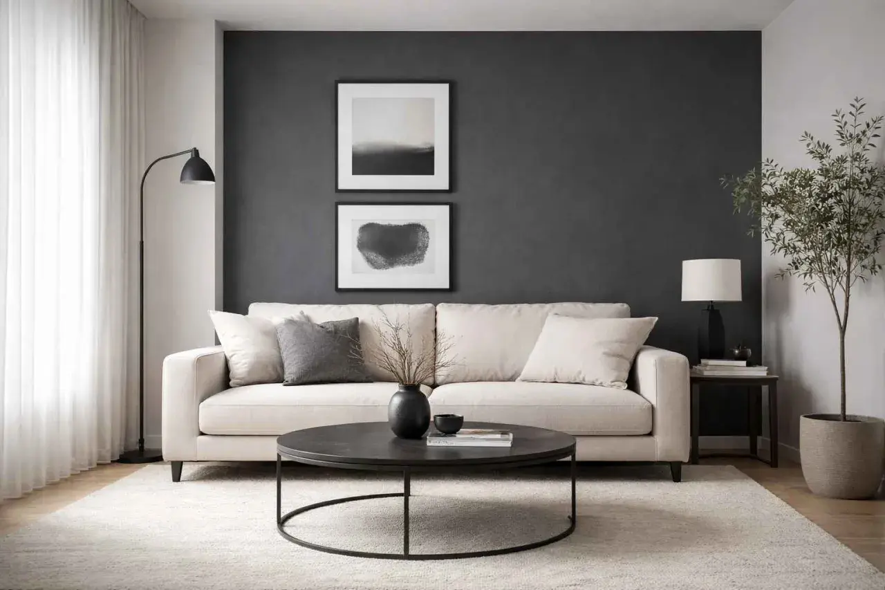 Salon gris avec canapé clair. Les rideaux blancs apportent de la douceur. Quel couleur de rideau pour un salon gris ? Le blanc est une option lumineuse.