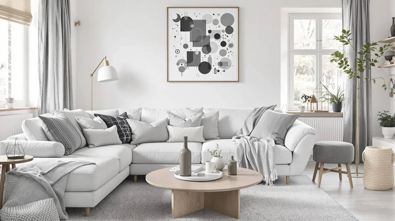 Un salon gris et beige invitant, parfait pour le cocooning. Un grand canapé blanc est orné de coussins douillets et d'un plaid. Une table basse en bois clair complète l'ensemble.