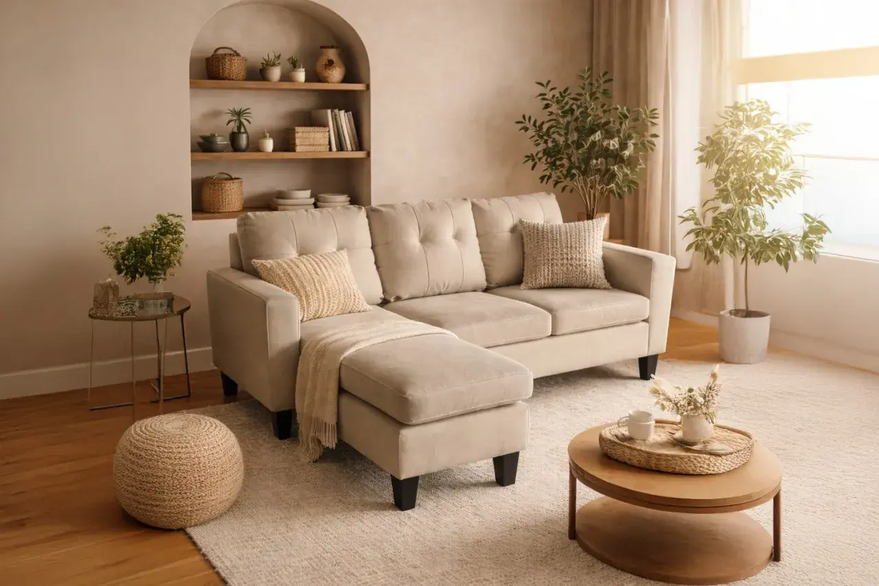 Canapé d'angle beige confortable, parfait pour un salon cosy. Ses dimensions sont idéales pour un espace 2 places.