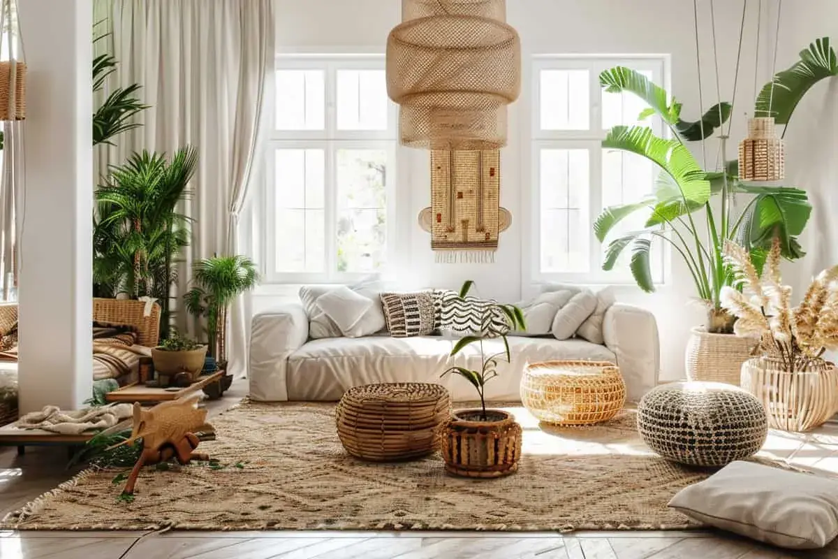 Salon lumineux avec canapé blanc, coussins ethniques, plantes luxuriantes et suspensions en rotin. Une belle idée déco nature pour un intérieur bohème et apaisant.