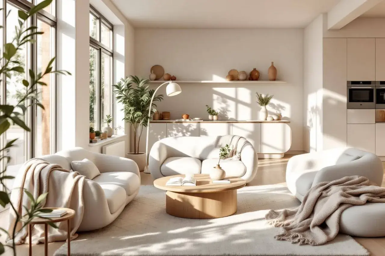 Un salon lumineux et aéré, baigné de soleil, avec des canapés blancs aux formes douces et une table basse en bois. L'ambiance est résolument style boho maison, avec des plantes vertes et des touches de terre cuite.