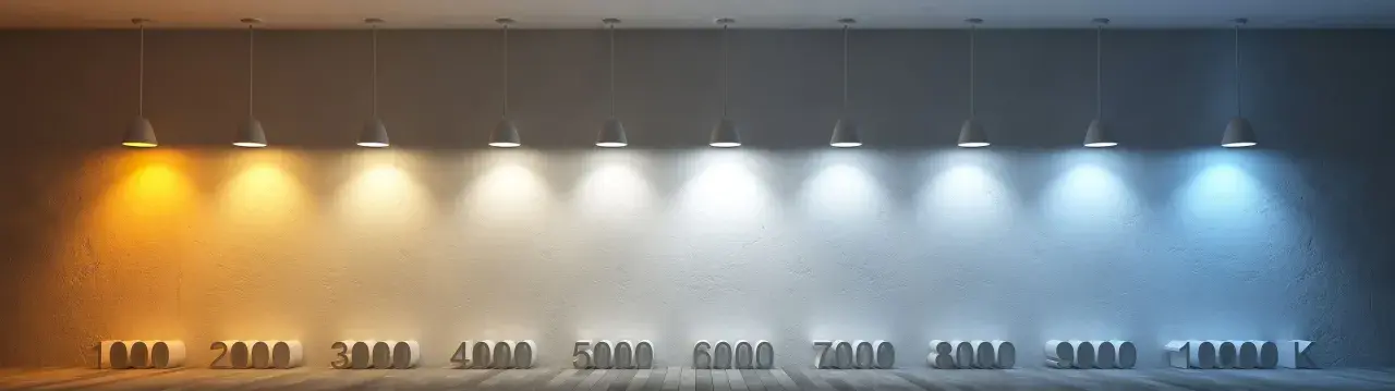 Éclairage LED montrant une gamme de température de couleur, du chaud (1000K) au froid (10000K), illuminant un mur texturé.