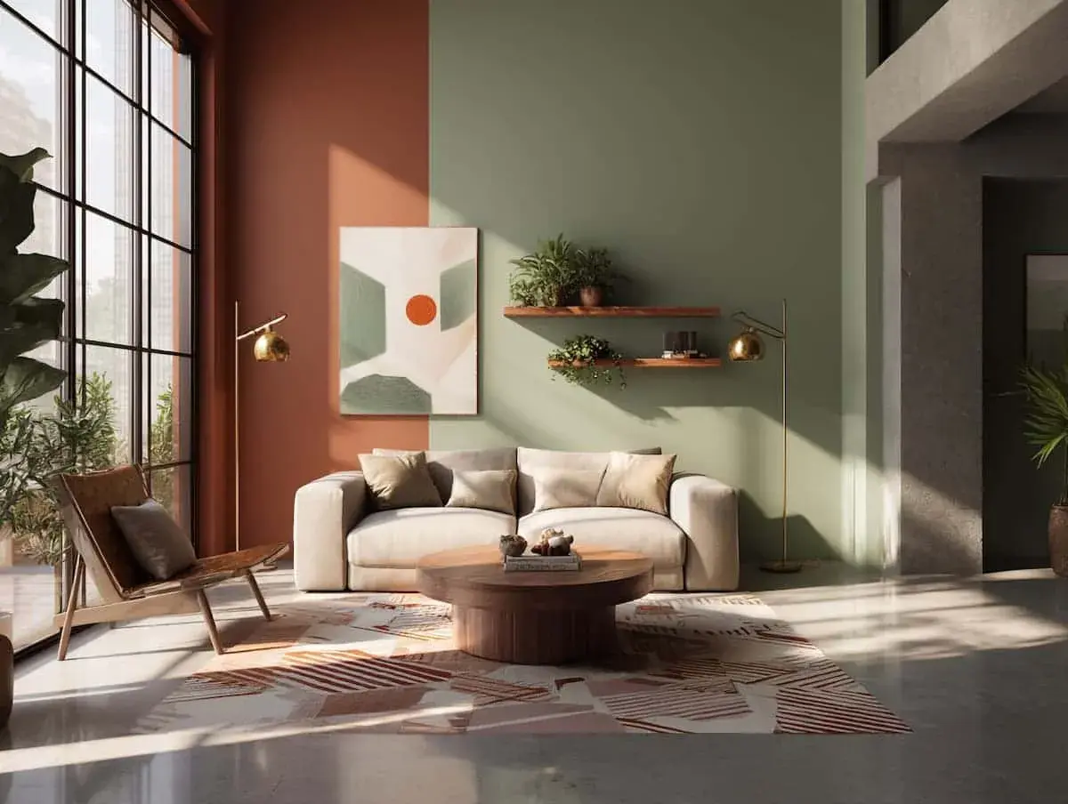 Salon moderne aux murs bicolores, couleur terracotta et beige, avec canapé, fauteuil en cuir et tapis géométrique.