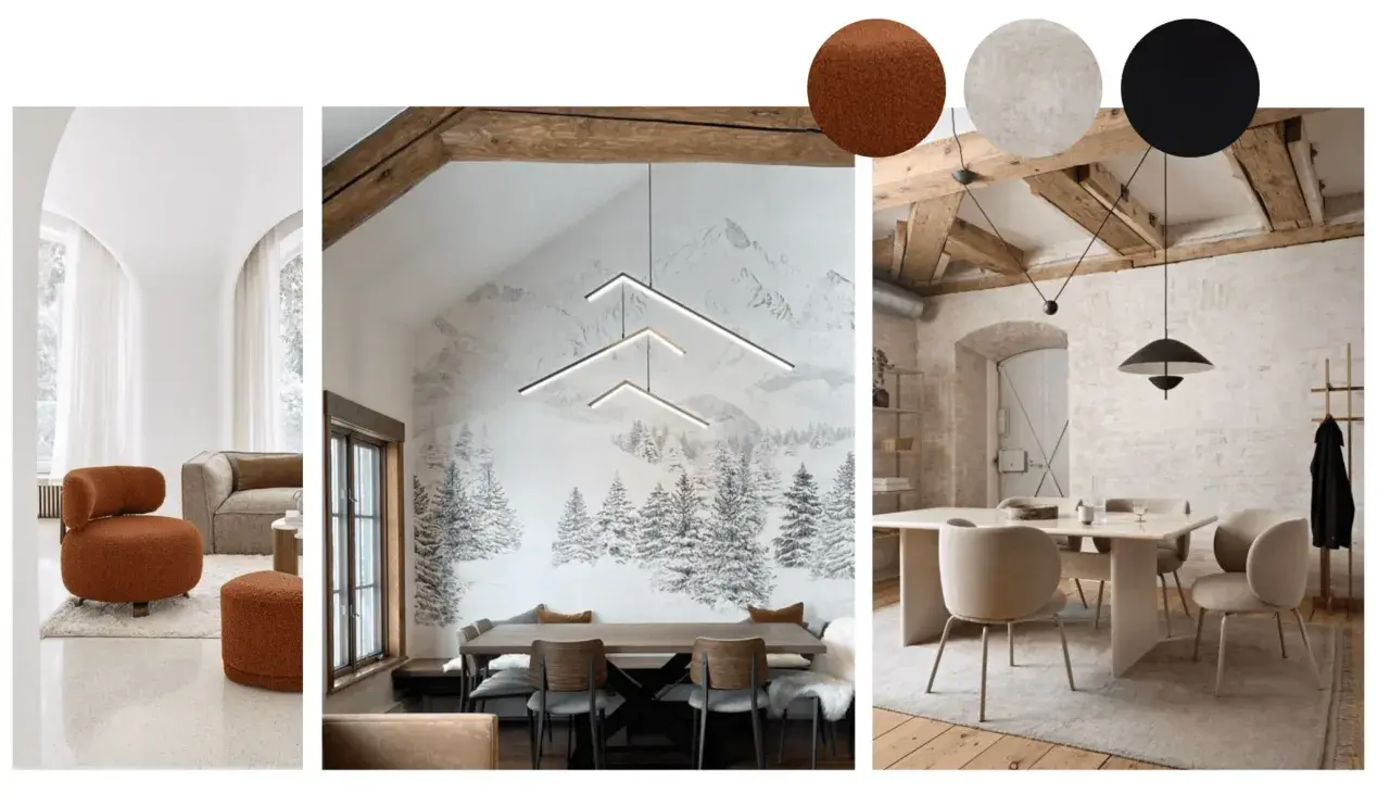 Ambiance chalet chic : fauteuils bouclette, papier peint montagne, et luminaires design.