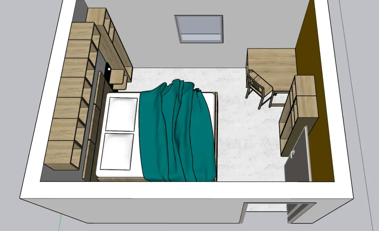 Aménagement d'une chambre 10m2 avec lit, bureau, étagères murales et fenêtre de toit.
