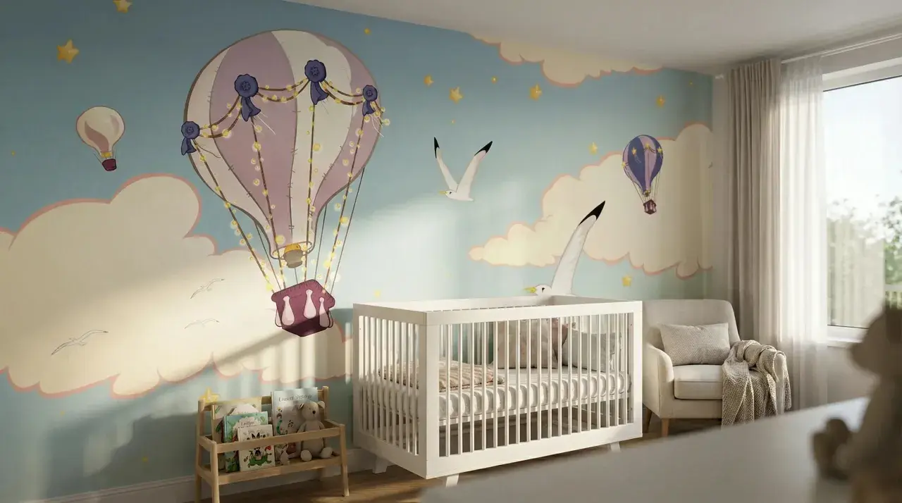 Aménagement chambre bébé avec mur décoré de montgolfières et d'oiseaux. Un berceau blanc, un fauteuil confortable et une étagère à livres complètent la pièce.