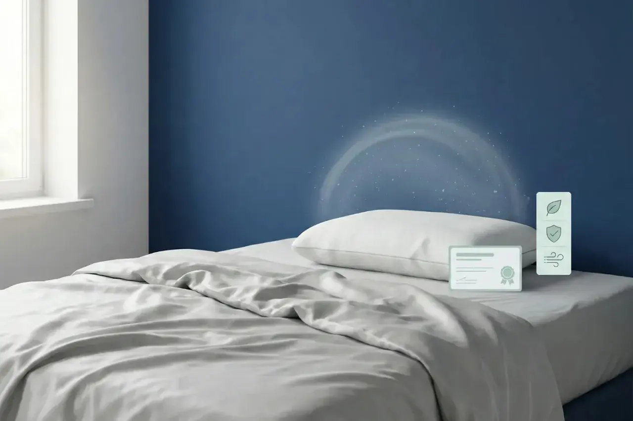 Un oreiller mémoire de forme, symbole de confort, peut présenter un danger s'il n'est pas bien aéré. Icônes de certification et de ventilation.