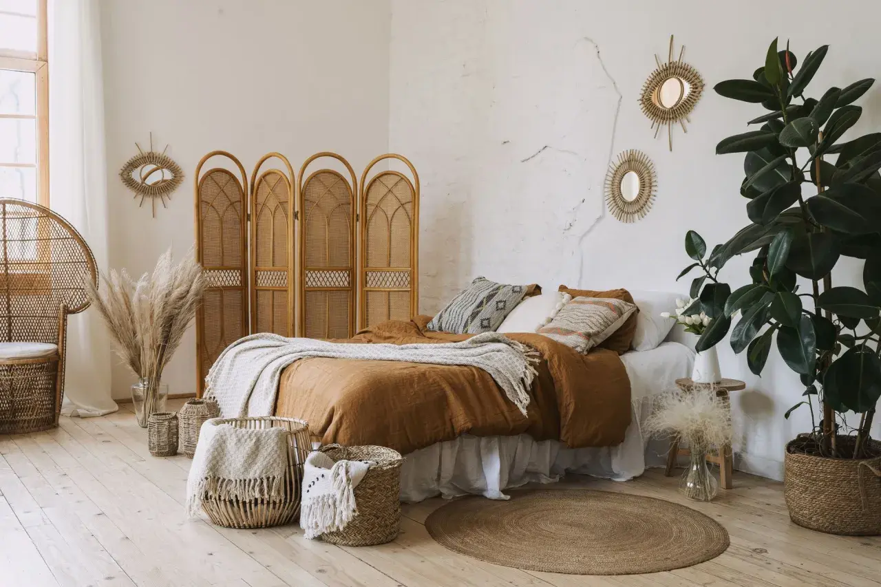 Une chambre d'amis cosy avec un lit douillet, des paniers en osier, des miroirs soleil et une plante verte luxuriante.