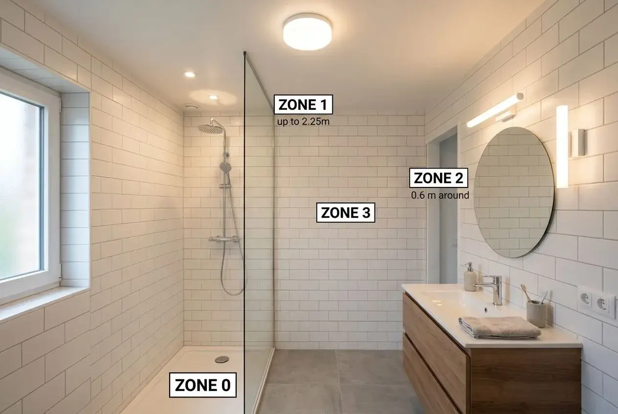 Salle de bain moderne avec douche, lavabo et miroir. Zones de sécurité électrique pour l'installation d'un ip pour salle de bain.
