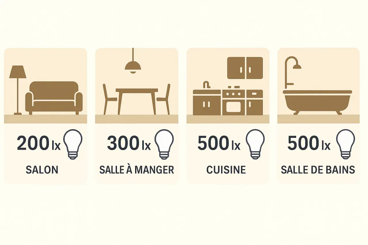Tableau lumen : salon (200 lx), salle à manger (300 lx), cuisine (500 lx), salle de bains (500 lx).