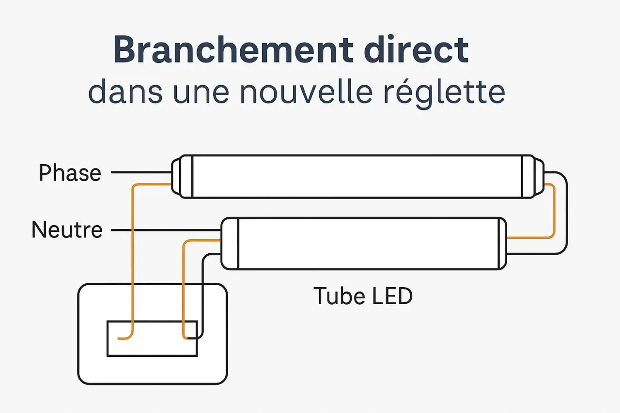 Schéma de branchement direct d'un tube LED dans une nouvelle réglette, montrant la connexion de la phase et du neutre.