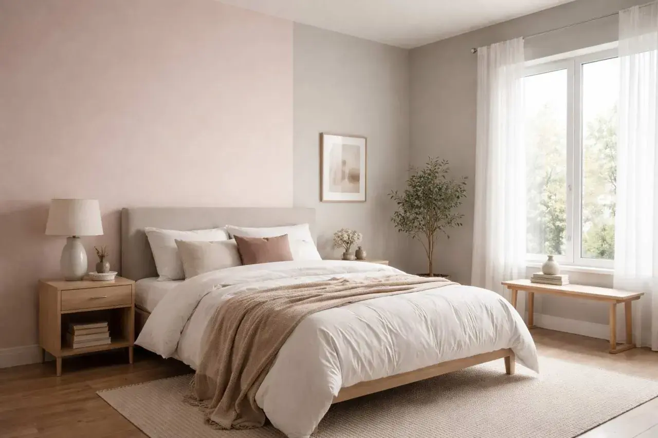 Douce deco chambre rose poudré et blanc, avec un lit confortable, une table de chevet en bois et une grande fenêtre lumineuse.