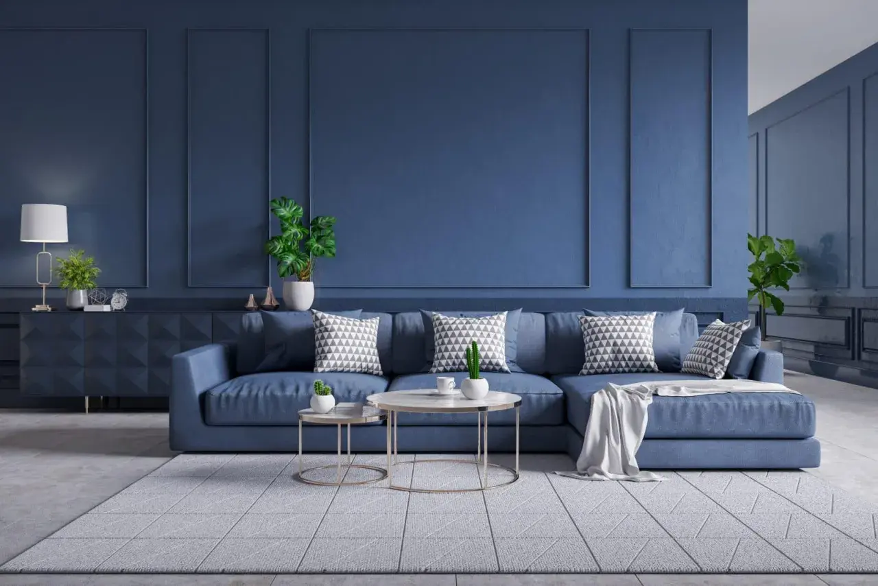 Salon moderne aux murs et canapé bleus, avec coussins graphiques et plantes vertes.