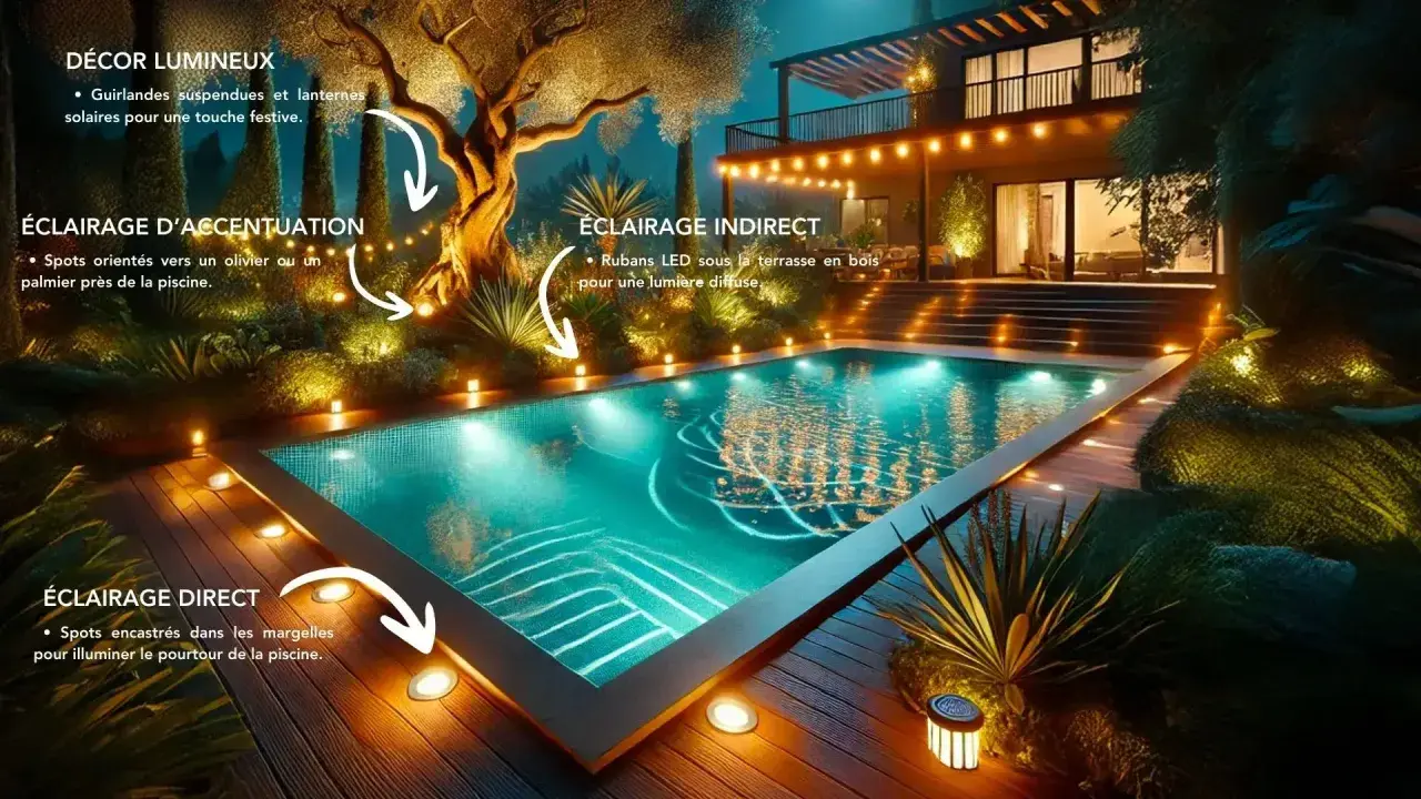 Un bassin illuminé par des spots et des guirlandes, créant une ambiance féerique autour de la piscine.