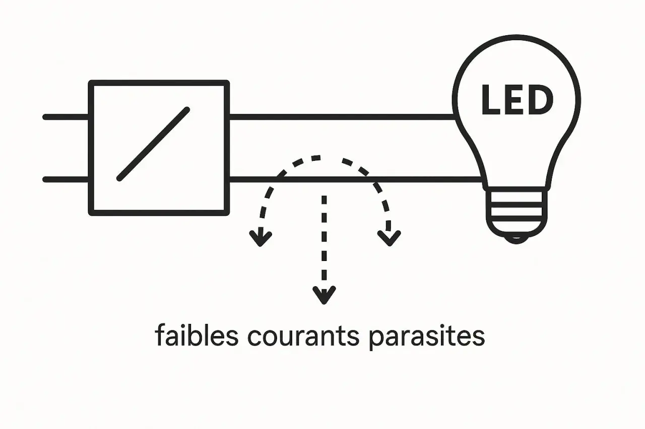 Schéma montrant le remplacement d'un tube halogène par une LED, avec des flèches indiquant de faibles courants parasites.