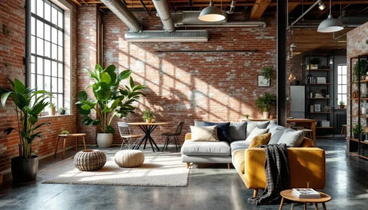 Un salon cosy où l'ambiance industrielle et naturelle se marient. Briques apparentes, grandes plantes vertes et mobilier confortable créent un espace chaleureux.