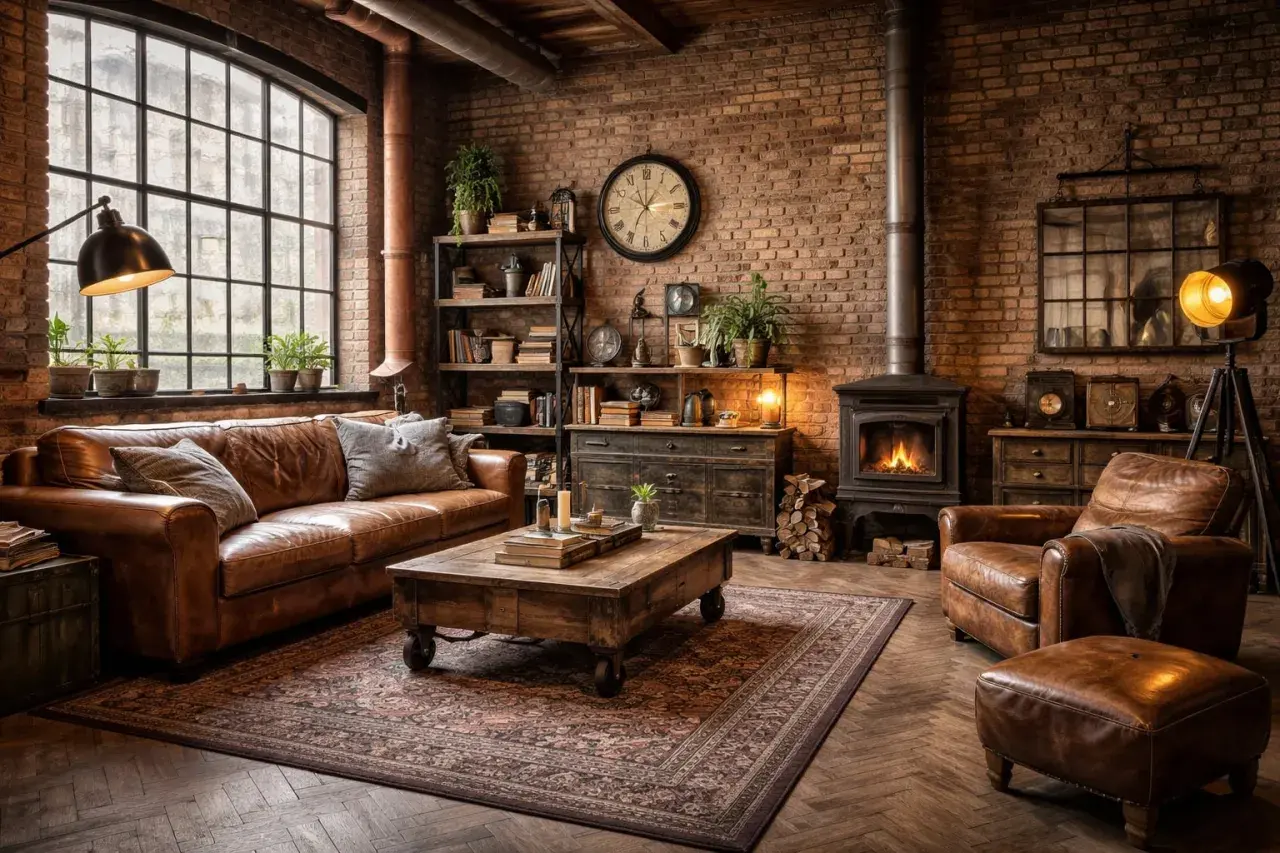 Un salon chaleureux avec canapé en cuir marron, table basse en bois, poêle à bois et une belle **idée déco industriel** avec murs en briques.