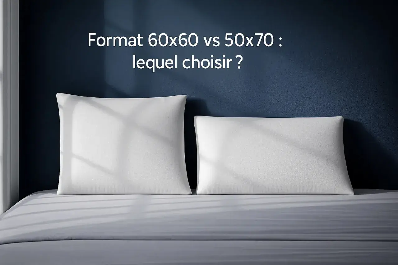 Deux oreillers blancs, un carré (60x60) et un rectangulaire (50x70), sur un lit. Lequel choisir pour un sommeil parfait ?