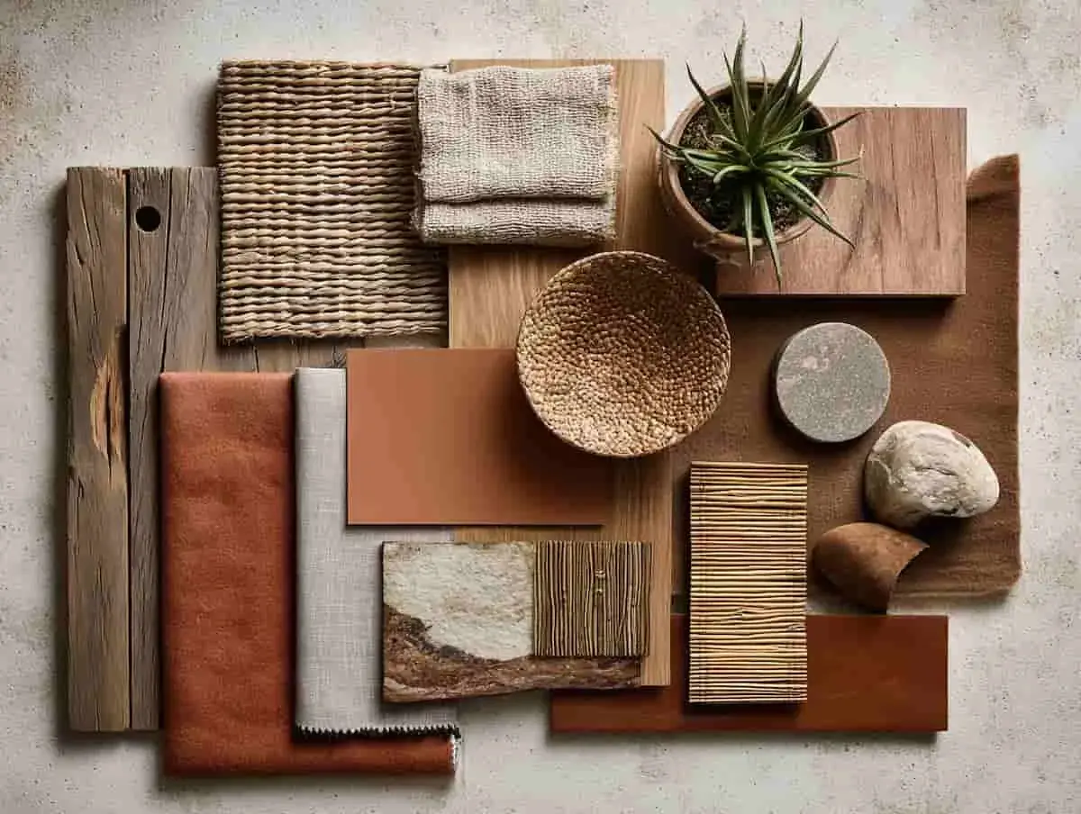 Palette naturelle : bois vieilli, tissages bruts, cuir et échantillons de couleur, quelle couleur avec terracotta ? Tons terreux, gris pierre et vert végétal s'harmonisent.