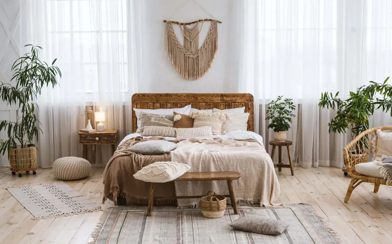 Chambre déco bohème avec un lit en bois, des coussins texturés, des plantes vertes et un macramé mural. Ambiance douce et naturelle.