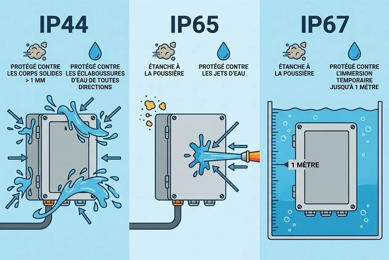 Comparaison des indices de protection : IP44 (éclaboussures), IP65 (jets d'eau) et IP67 (immersion jusqu'à 1 mètre).