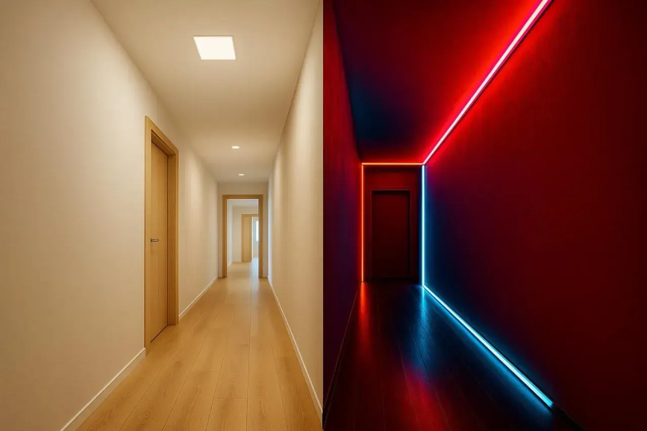 Un couloir long et étroit, divisé en deux. D'un côté, un éclairage doux et naturel. De l'autre, un éclairage néon rouge et bleu, créant une ambiance futuriste.