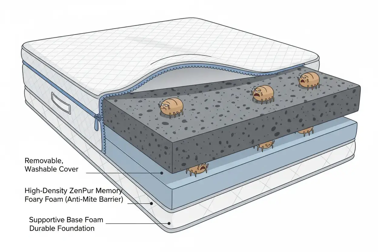 Coupe d'un matelas montrant des acariens, cause fréquente d'allergie matelas. La mousse à mémoire de forme haute densité agit comme une barrière anti-acariens.
