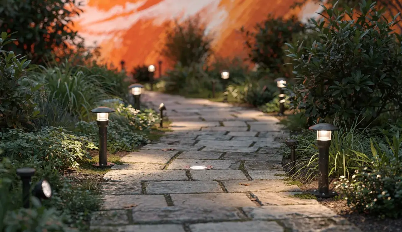 Allée pavée illuminée par des bornes discrètes, créant un éclairage d'allée carrossable chaleureux et sécurisant.