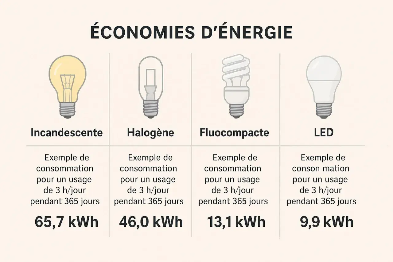 Comparaison de la consommation d'énergie des ampoules : l'ampoule LED est la plus économique, consommant seulement 9,9 kWh par an.