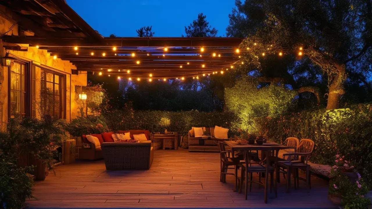 Une terrasse de rêve illuminée par des guirlandes lumineuses. Une belle idée éclairage terrasse pour des soirées conviviales.