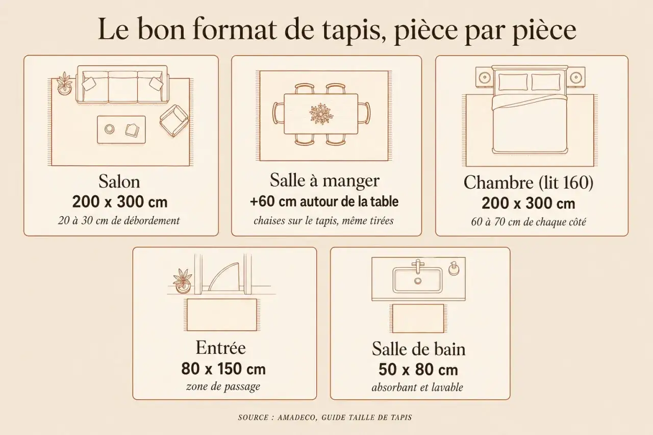 Guide des dimensions de tapis pour chaque pi&egrave;ce : salon (200x300 cm), salle &agrave; manger (+60 cm autour de la table), chambre (200x300 cm), entr&eacute;e (80x150 cm), salle de bain (50x80 cm).