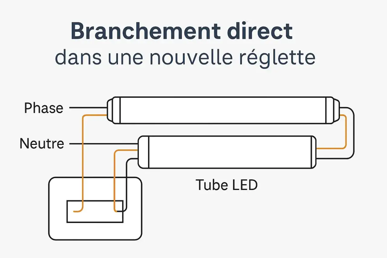 Schéma de branchement direct d'un tube LED dans une nouvelle réglette. Phase et Neutre connectés.