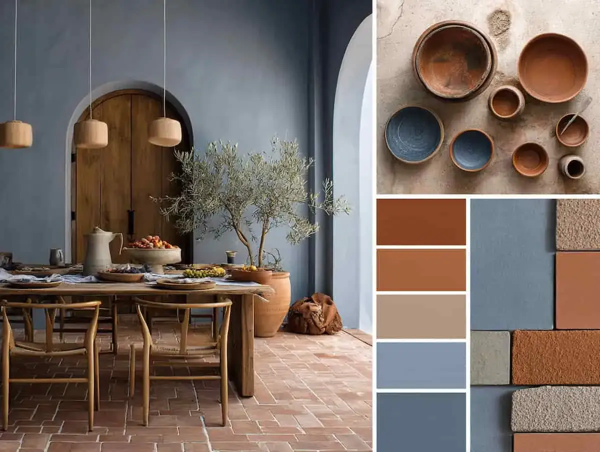 Ambiance m&eacute;diterran&eacute;enne avec une table en bois, des chaises rustiques, et une palette de couleurs &eacute;voquant la terre cuite et le bleu.