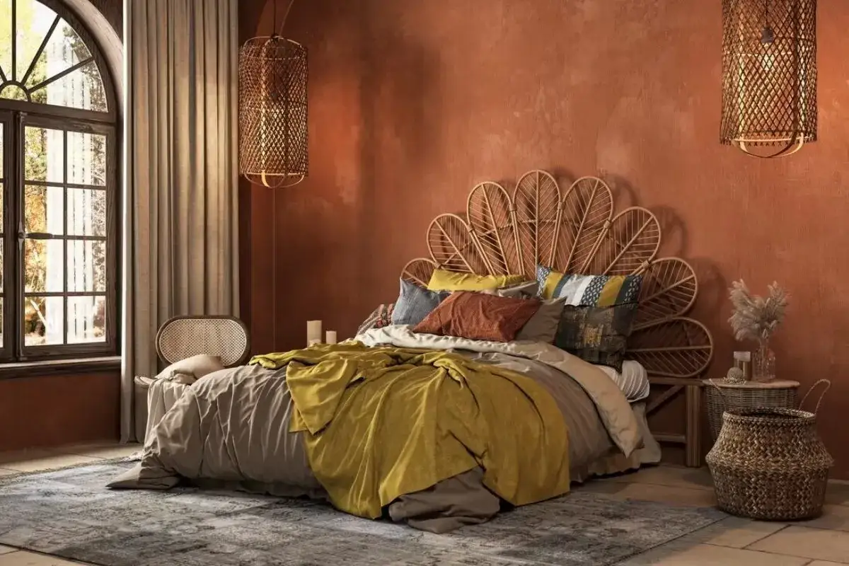 Chambre chaleureuse aux murs couleur terracotta, lit avec tête de lit en rotin, coussins colorés et plaid jaune moutarde. Luminaires en osier.