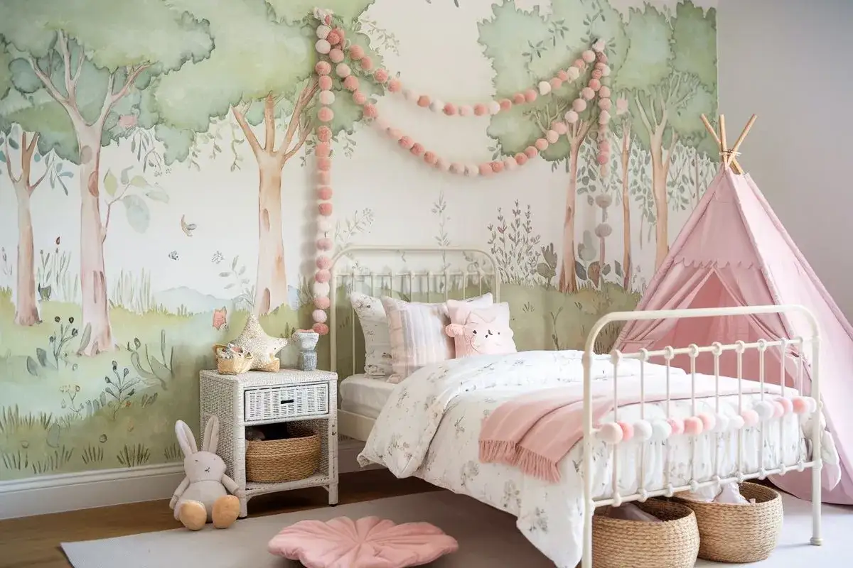 Chambre couleur pastel avec un mur orn&eacute; d'une fresque foresti&egrave;re. Un lit blanc, une tente rose et des coussins douillets invitent au r&ecirc;ve.