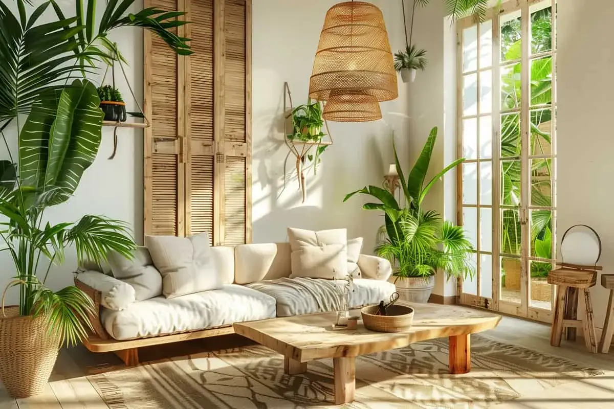Un salon jungle chic baigné de lumière. Canapé clair, table basse en bois brut, et une profusion de plantes vertes créent une atmosphère apaisante.