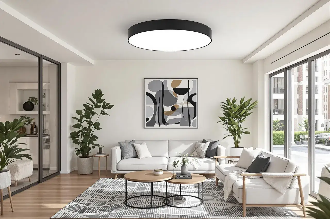 Salon moderne avec canap&eacute; blanc, table basse en bois, tapis graphique et tableau abstrait. Le luminaire rond au plafond, un mod&egrave;le ip20 signification, &eacute;claire la pi&egrave;ce.