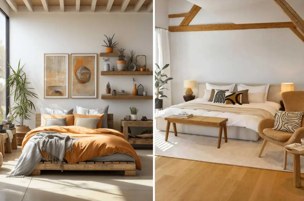 Ambiance cocooning chambre blanche et bois. Lits douillets, touches végétales et art mural pour un refuge paisible.